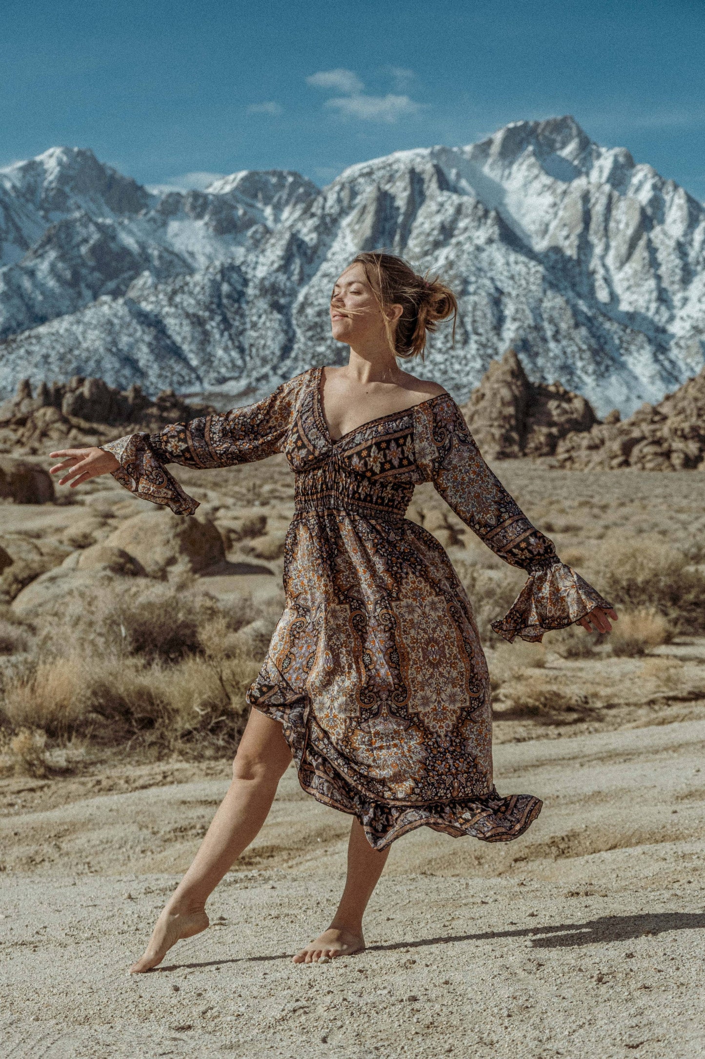 Bohemian Midi Dress, Bell Sleeve Dress