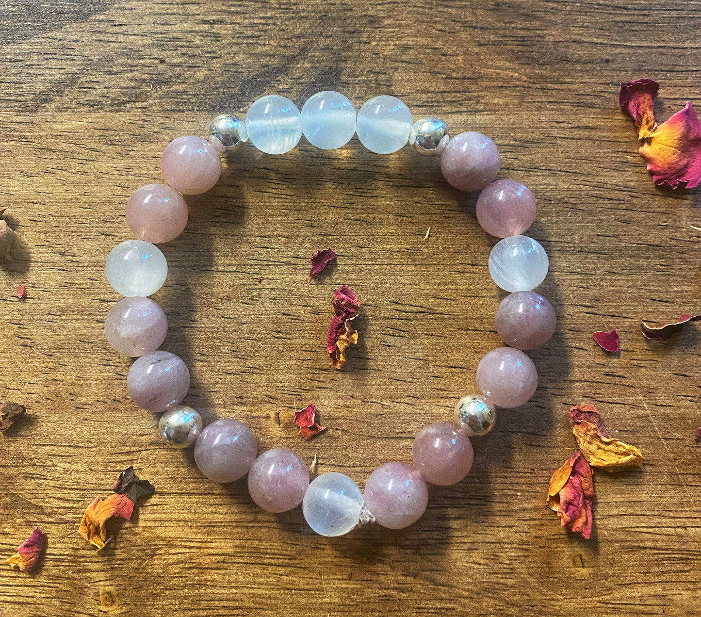 Rose Quartz & Selenite Gemstone Bracelet | Sterling Silver