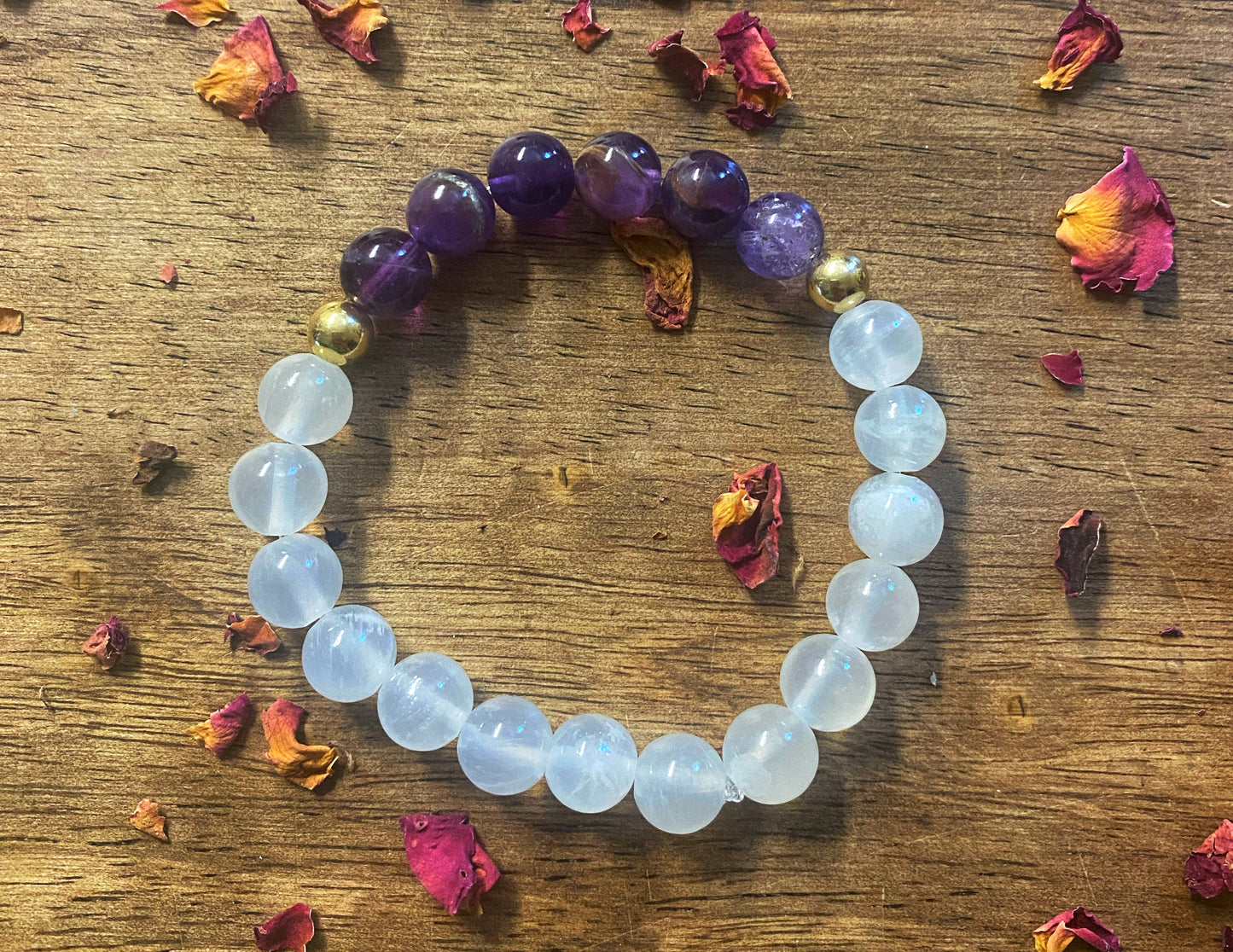 Amethyst & Selenite Gemstone Bracelet | Gold-filled