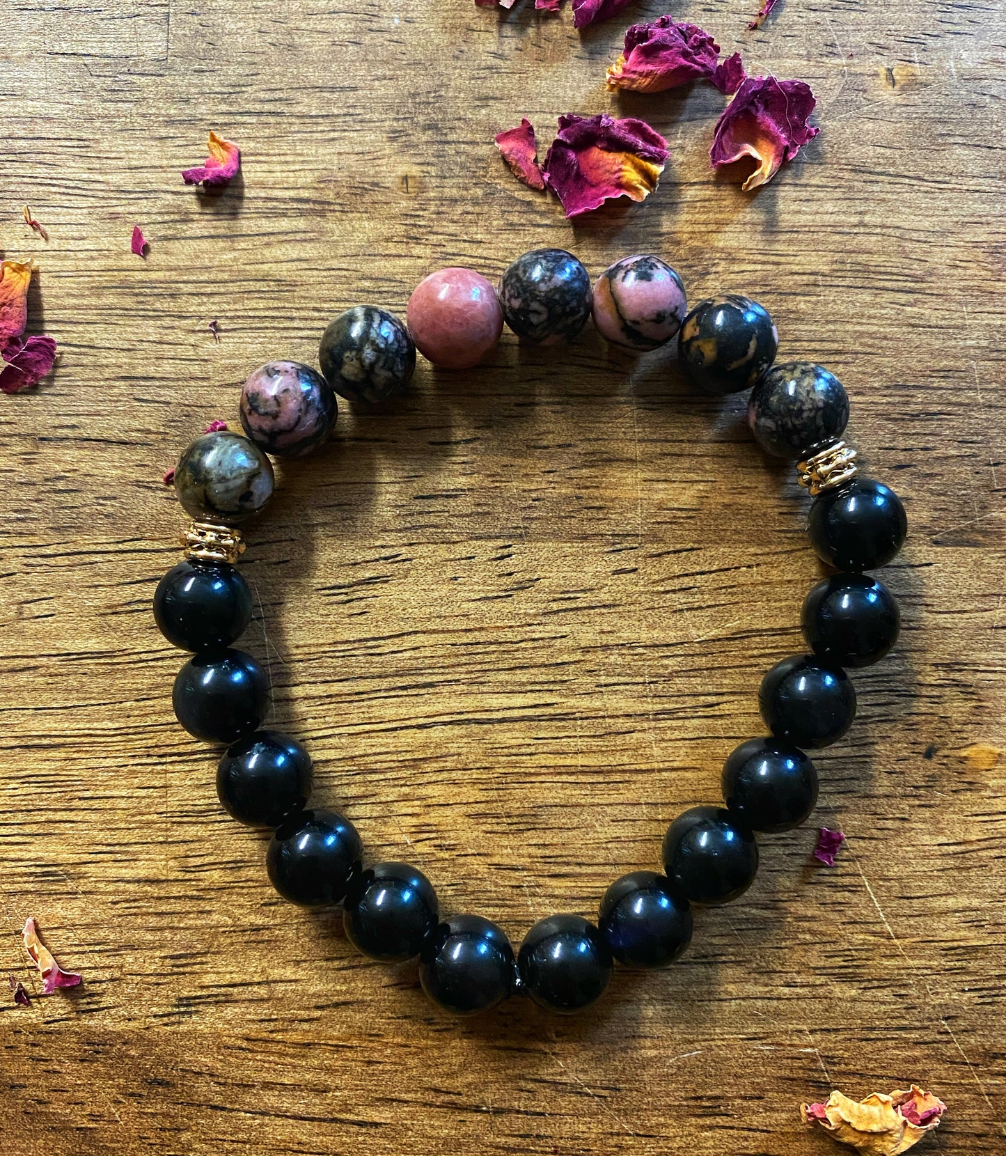 Rhodonite & Obsidian Gemstone Bracelet | Gold-filled