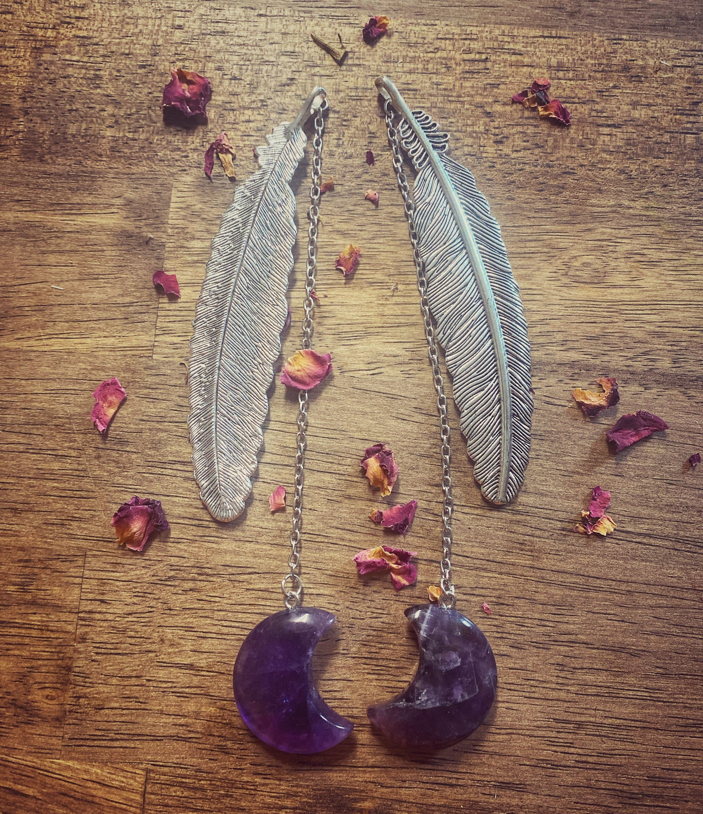 Feathered Bookmark with Amethyst Crescent Moon