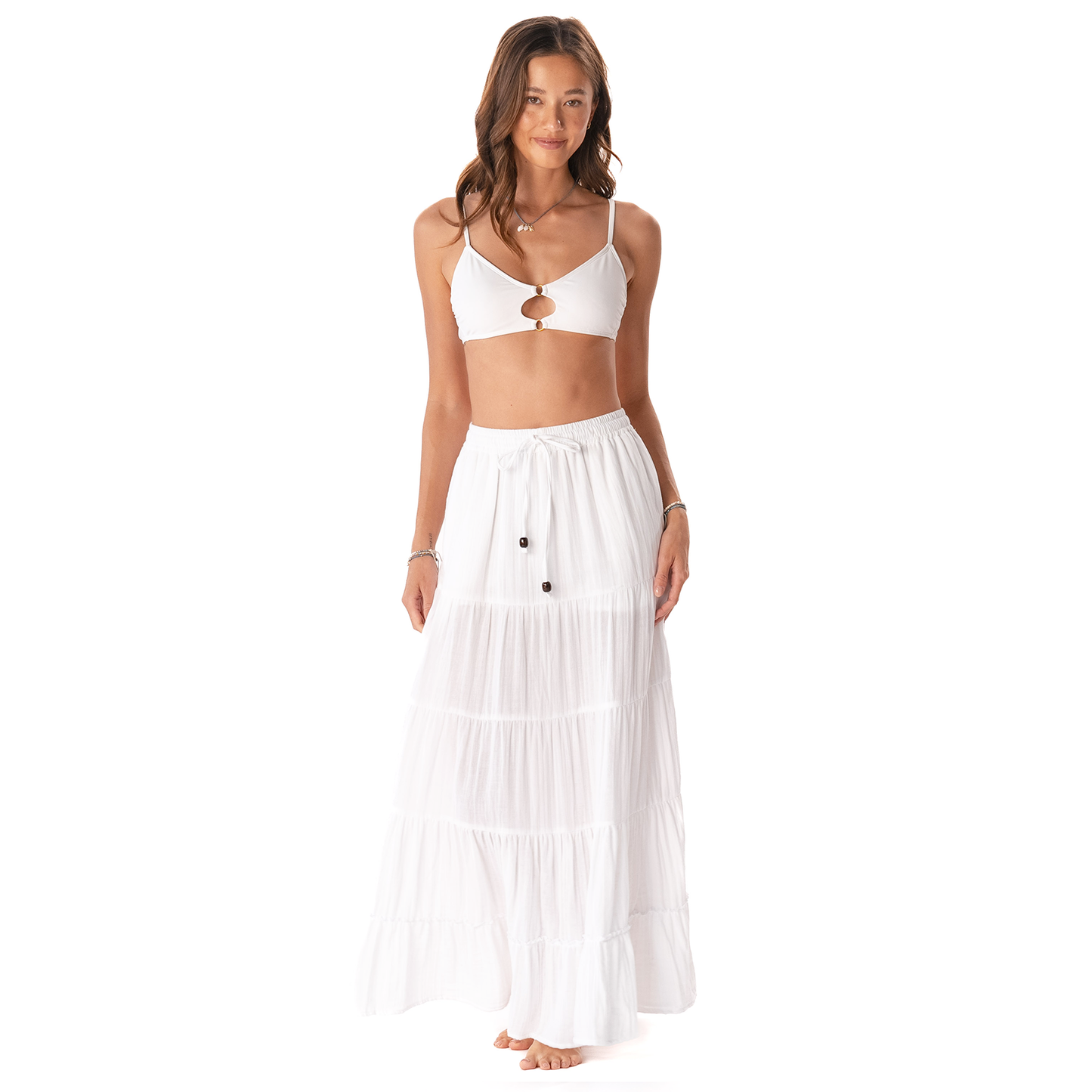 White Cotton Maxi Skirt (W/ Bead)