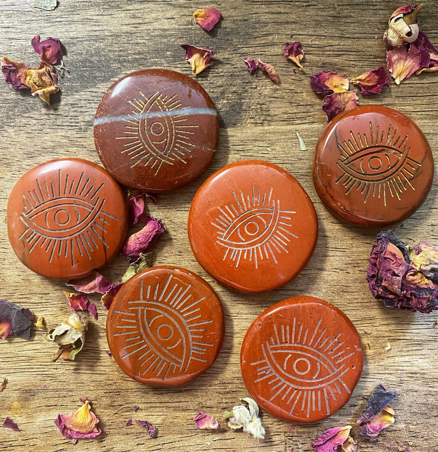 Red Jasper | Engraved Evil Eye Round Pocket Palm Stones