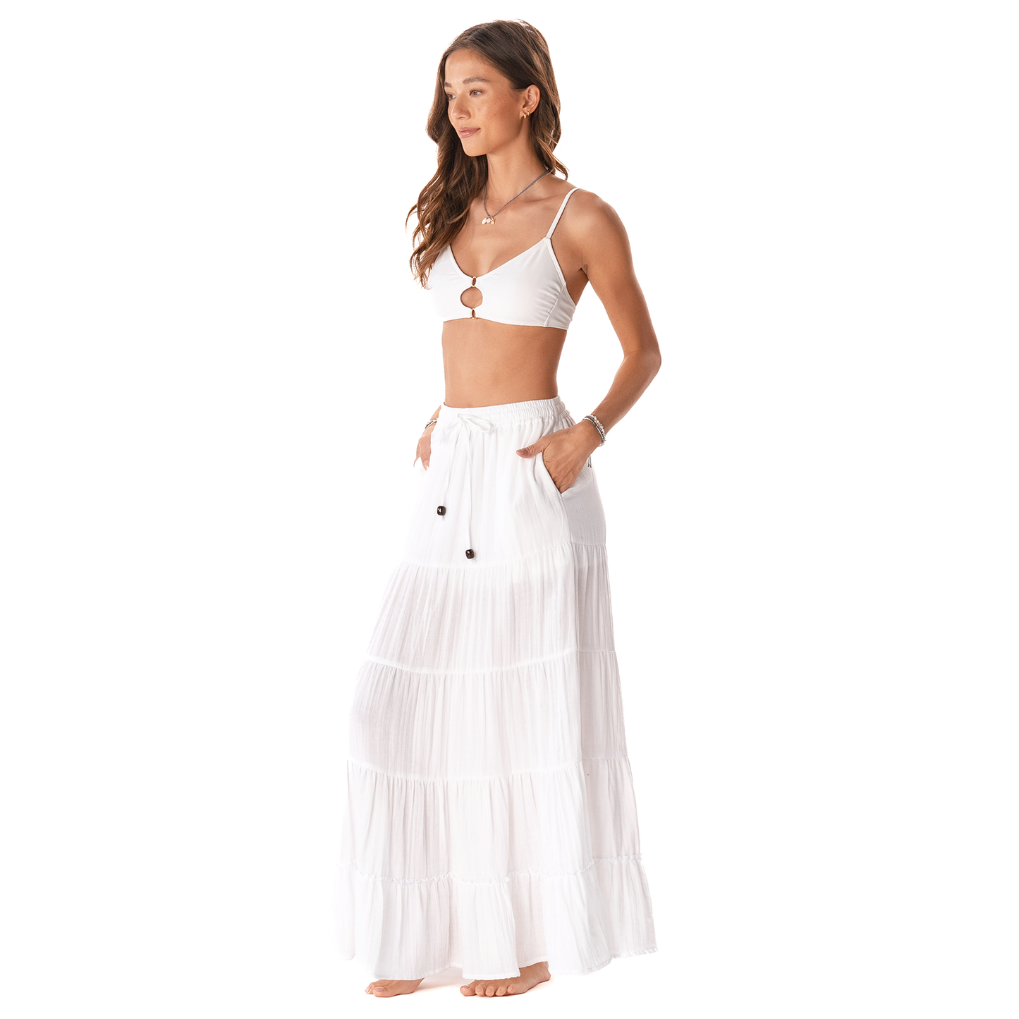 White Cotton Maxi Skirt (W/ Bead)