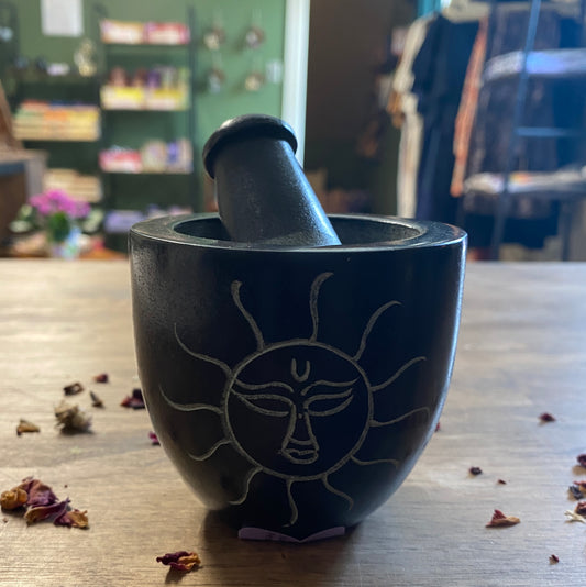 Sun Carved Black Soapstone Mortar & Pestle