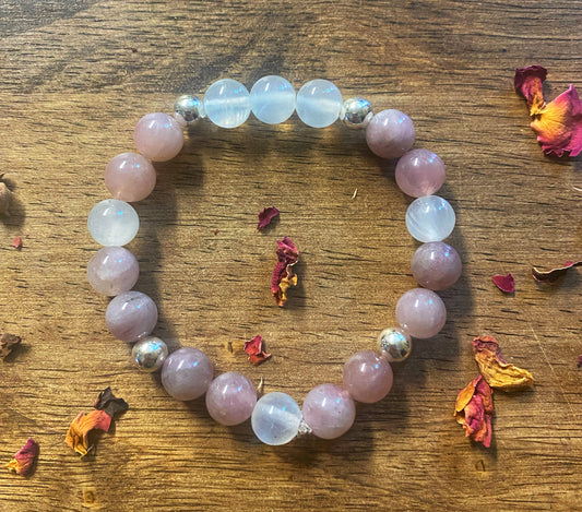 Rose Quartz & Selenite Gemstone Bracelet | Sterling Silver