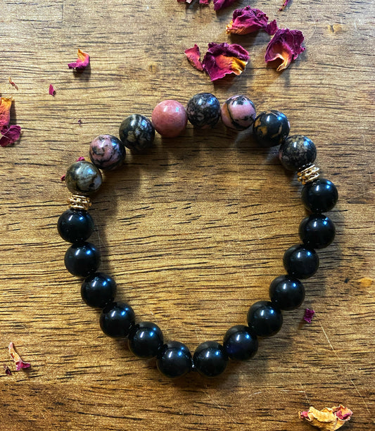 Rhodonite & Obsidian Gemstone Bracelet | Gold-filled