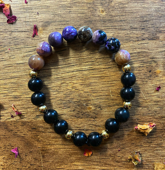 Charoite & Obsidian Gemstone Bracelet | Gold-filled