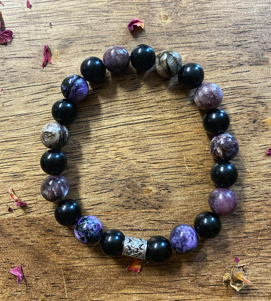 Charoite & Obsidian Gemstone Bracelet | Sterling Silver