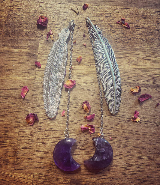 Feathered Bookmark with Amethyst Crescent Moon
