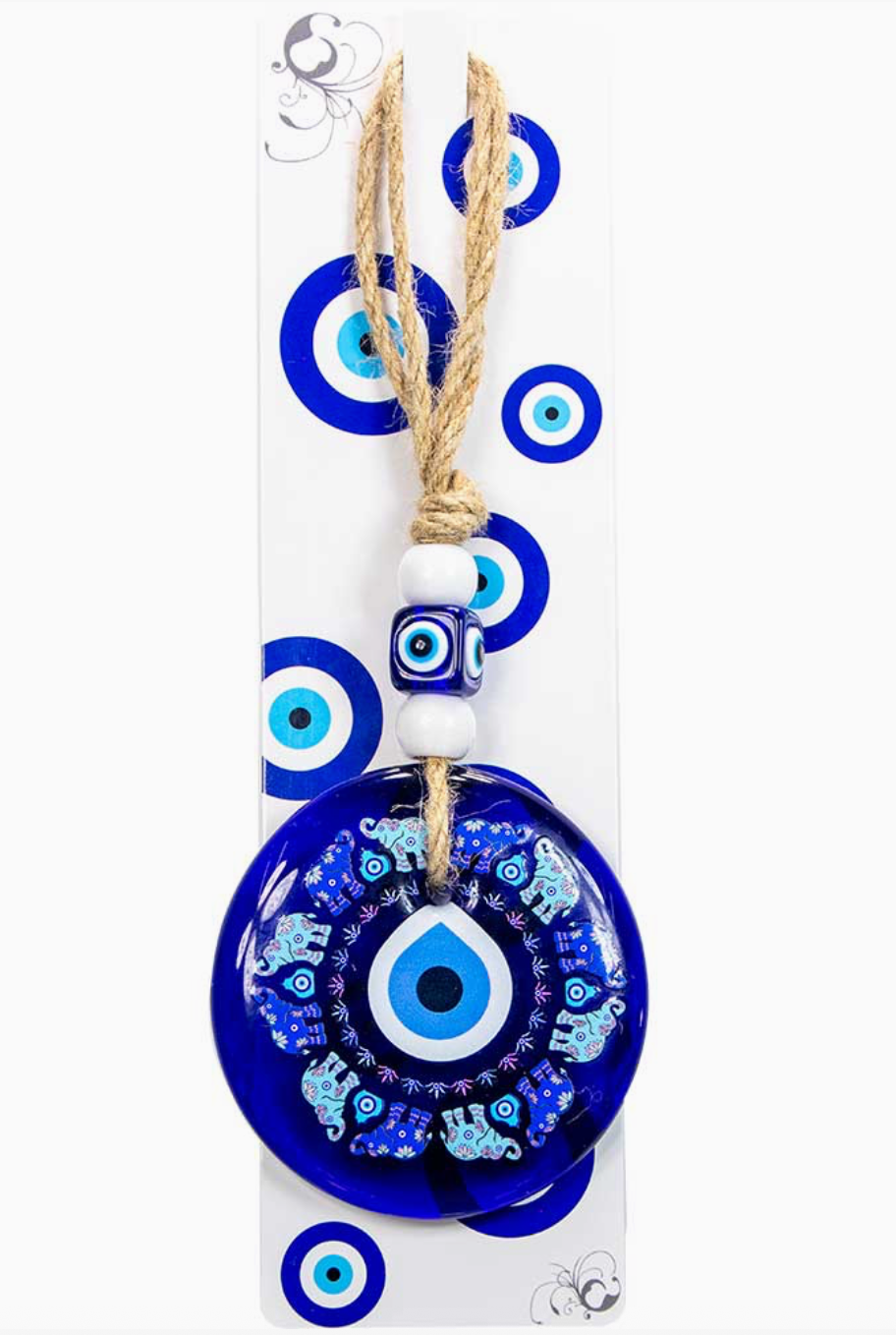 Glass Evil Eye Wall Hanging Talisman Circle of  Elephants