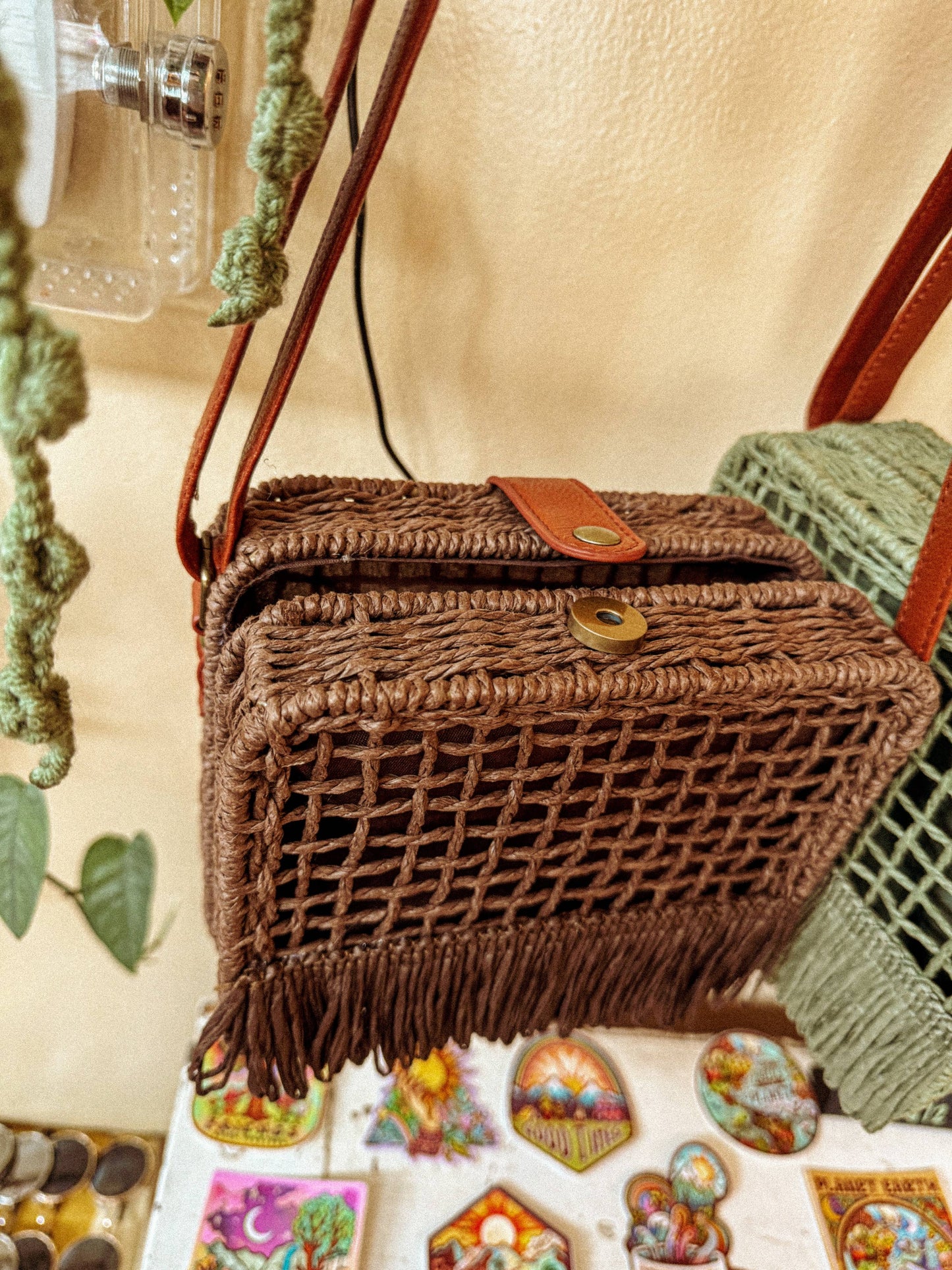 Boho Raffia Natural Palm Straw Basket Bag, Purse Tote